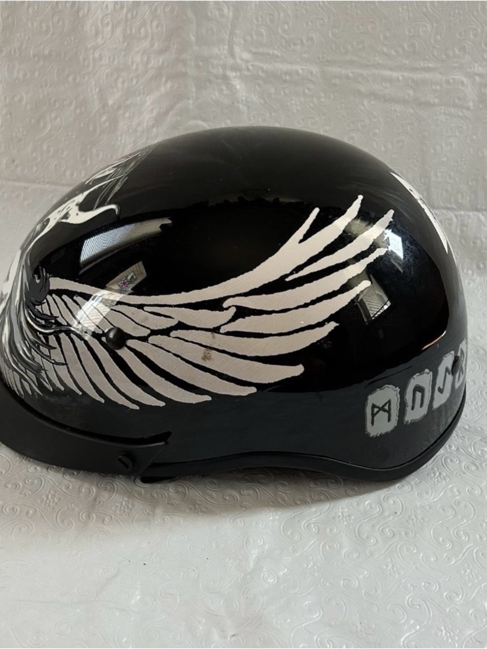 Black Motorcycle Half Helmet with White Grim Reaper Wing Graphic - Picture 3 of 9